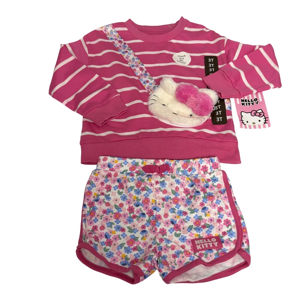 Hello Kitty Sanrio Toddler Girls 3T Pink Striped Sweatshirt Floral Shorts Set